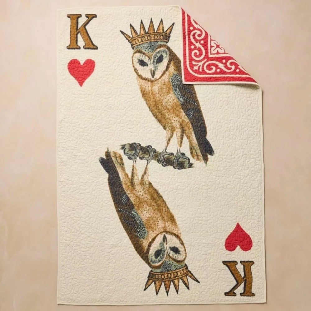 John Derian for Target 70"x50" Reversible King of Hearts Owl Card Quilt Blanket